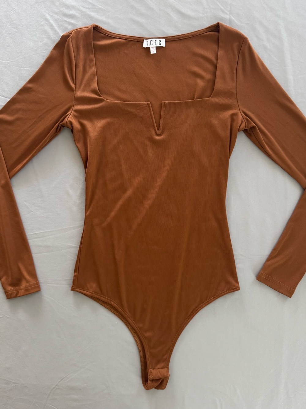TCEC Long Sleeve Square Neck One-Piece Bodysuit in Rust Brown